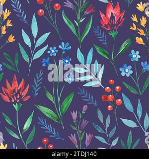 Modello senza cuciture con fiori selvaggi e carini. Illustrazione a mano dell'acquerello Foto Stock
