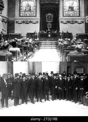 04/30/1920. Inaugurazione della settimana francese. 1.- il Duca d'Alba (X), leggendo il suo discorso alla Royal Academy spagnola. 2.- i delegati francesi, accompagnati dal presidente del Consiglio, il signor dato (X) e varie altre personalità spagnole. Crediti: Album / Archivo ABC / José Zegri Foto Stock