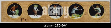 Cinque immagini di arte marziale, Anonimo, c. 1700 - c. 1790 cinque bicchieri con immagini in uno stress ligneo. Gli occhiali mostrano figure caricaturali che mostrano diverse posture di combattimento con spada e mazza. Lo sfondo è di colore nero. Quercia olandese (legno). Vetrate cinque bicchieri con immagini in uno stress di legno. Gli occhiali mostrano figure caricaturali che mostrano diverse posture di combattimento con spada e mazza. Lo sfondo è di colore nero. Quercia olandese (legno). vetro Foto Stock