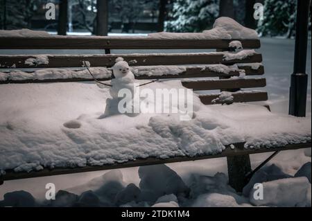 Pupazzo di neve sulla panchina del parco lungo il canale Rideau, Ottawa, Ontario, Canada Foto Stock