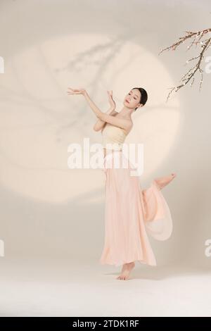 Danza vietnamita al chiaro di luna e rami di pesca Foto Stock