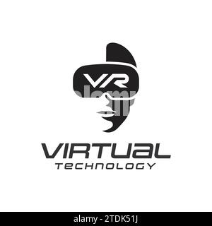 Logo della tecnologia di realtà virtuale su sfondo bianco, silhouette con testa e lettere VR sul casco Illustrazione Vettoriale