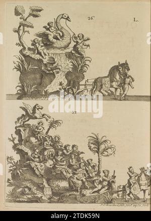 Leaf L: Nineteenth Floats, 1767, Lieven Wouters, 1767 Leaf L con il diciannovesimo Floats e il diciassettesimo animale. Il diciannovesimo galleggia con Apollo e le nove muse sul monte Parnaso. Diciassettesimo animale: Zwaan. Contrassegnato: L / 36-37. Parte della sfilata alla celebrazione del 30 maggio 1767 del 700° anniversario di San Macario, modello della città di Gand e patrono contro la peste. Incisione/incisione della foglia di Gand L con i diciannovesimi galleggianti e il diciassettesimo animale. Il diciannovesimo galleggia con Apollo e le nove muse sul monte Parnaso. Diciassettesimo animale: Zwaan. Contrassegnato Foto Stock