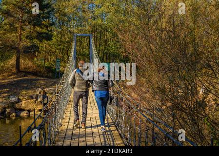Ponte pedonale sospeso sul fiume Segre in autunno (Cerdanya, Girona, Catalogna, Spagna, Pirenei). Esempio: Pasarela del puente colgante sobre el Segre Foto Stock