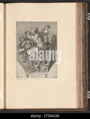 Libyan Sibille, c. 1585 la Sibilla libica, seduto e voltato a sinistra. Dietro di lei un grande libro che solleva con entrambe le mani. Due bambini con un rotolo a sinistra. Una delle Sibilles del dipinto del soffitto di Michelangelo. Titolo in Submarga e numerato in basso a destra: 22. La stampa fa parte di un album. Tipografia: ItalyaFter Pittura di: Carta della città del Vaticano che incide la Sibilla libica, seduta e girata a sinistra. Dietro di lei un grande libro che solleva con entrambe le mani. Due bambini con un rotolo a sinistra. Una delle Sibilles del dipinto del soffitto di Michelangelo. Titolo in Subm Foto Stock