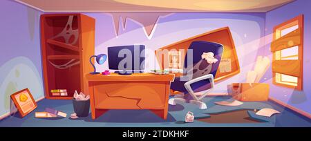 La stanza del detective o dell'ufficio del crimine è stata abbandonata e rotta, con mobili danneggiati, carta da parati strappata, mappa degli investigatori inclinata distrutta e ragnatele ovunque. L'interno dell'ufficio della polizia è stato rovinato dal vettore dei cartoni animati. Illustrazione Vettoriale