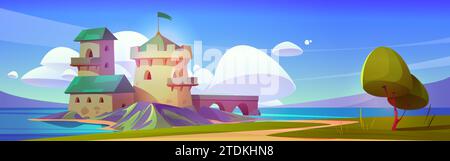 Castello medievale sul lago. Illustrazione vettoriale di un antico palazzo circondato da acqua, montagne e erba verde sulle colline, fortezza con torre e bandiera sul tetto, albero vicino al sentiero, cielo blu Illustrazione Vettoriale