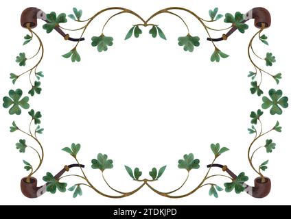 Cornice di scrofoli di trifoglio shamrock con tubi fumanti di leprechaun. Decorazione per St. Patrick's Day. Illustrazione ad acquerello isolata su sfondo bianco. Foto Stock