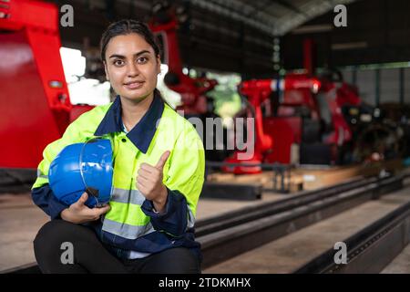 Ritratto intelligente signora indiana ingegnere donna supervisore che lavora indossa tuta di sicurezza riflettente lavoro nella fabbrica di macchinari robotizzati per metalli Foto Stock