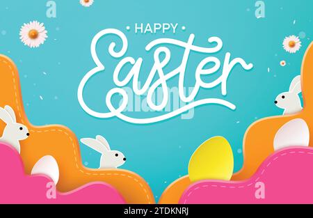 Design del modello vettoriale di testo felice pasqua. Biglietto d'auguri di buona pasqua con coniglietti e decorazioni tagliate di carta per la caccia all'uovo di pasqua. Illustrazione Vettoriale