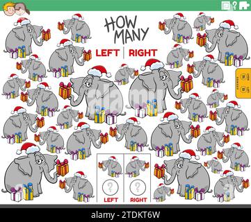 Illustrazione a cartoni animati del gioco educativo di contare le immagini orientate a destra e a sinistra del personaggio di un animale elefante con regali di Natale Illustrazione Vettoriale