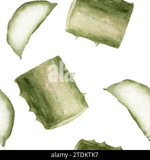 Foglie di aloe motivo floreale verde senza cuciture acquerello, isolato su sfondo bianco, disegnato a mano. Succulento tagliato, botanico. Per imballaggio, involucro p Foto Stock