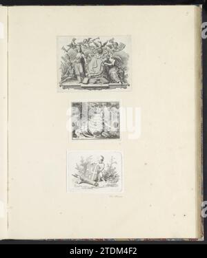 Tre vignette con stemmi, Jan Caspar Philips, Reinier Vinkeles (i), dopo Simon Fokke, dopo Cornelis Ploos van Amstel, 1765 tre esibizioni su una rivista di album. In cima uno scudo con una gamba di aquila alata su una pila di libri e carte, affiancato dalle personificazioni di cautela (con specchio e serpente) e giustizia (con fasi). Tra le altre cose, l'arma di Amsterdam e il dio del fiume dell'Amstel. Al centro un'arma con tre coronate e scherzi con due putti come personificazioni di saggezza e cautela. In un banderole il testo: Wakt-Huybert. In fondo, una posizione in piedi Foto Stock