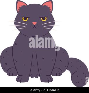 Un gatto scontento siede. Scontroso e soffice colore nero gatto . Illustrazione Vettoriale