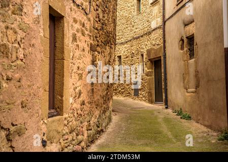 Una strada nel villaggio di Sant Jordi Desvalls in un nuvoloso pomeriggio autunnale (Gironès, Gerona, Catalogna, Spagna) ESP: Una calle de Sant Jordi Desvalls Foto Stock