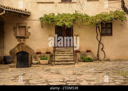 Una strada nel villaggio di Sant Jordi Desvalls in un nuvoloso pomeriggio autunnale (Gironès, Gerona, Catalogna, Spagna) ESP: Una calle de Sant Jordi Desvalls Foto Stock