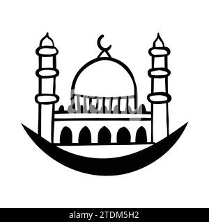 Doodle della moschea musulmana isolato su uno sfondo bianco. Semplice disegno vettoriale con contorno nero. Schizzo con inchiostro. Illustrazione Vettoriale