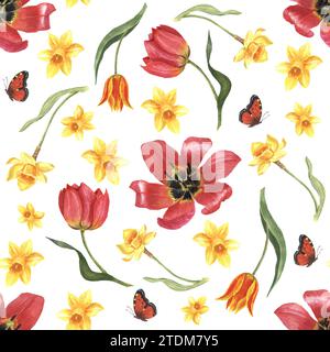 Motivo senza cuciture con fiori primaverili. Illustrazione ad acquerello su sfondo bianco per la stampa su carta o tessuto Foto Stock