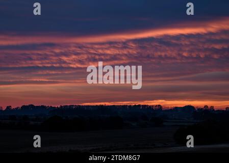 Alba con cielo rosso in alcuni campi di Empordà vicino agli Aiguamolls de l'Empordà (zone umide) (Alt Empordà, Girona, Catalogna, Spagna) Foto Stock