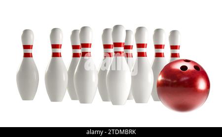 palla da bowling e birilli bianchi. rendering 3d. Foto Stock