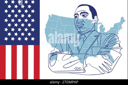 Martin Luther King Jr. Design del biglietto d'auguri diurno. Frase ispiratrice MLK Day Lettering, sfondo bandiera USA. Illustrazione Vettoriale