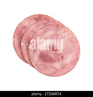 pezzi rotondi di prosciutto isolati su sfondo bianco con percorso di ritaglio, tre pezzi di prosciutto di maiale tagliati a fette disposte per creare layout, cibo italiano Foto Stock