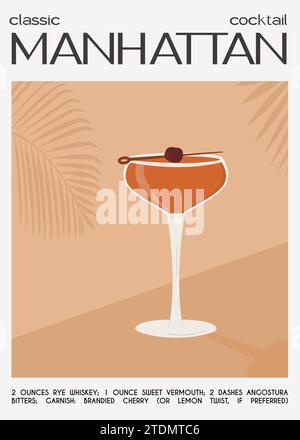 Manhattan Classic cocktail guarnito con ciliegia al maraschino. Stampa artistica su parete ricetta classica per bevande alcoliche. Poster dell'aperitivo estivo. Minimalista Illustrazione Vettoriale