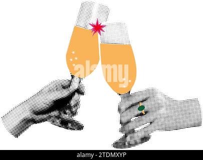 Mani che reggono bicchieri di champagne art collage illustrazione vettoriale Illustrazione Vettoriale