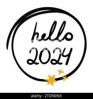 Hello 2024 illustrazione vettoriale con lettere disegnate a mano Illustrazione Vettoriale