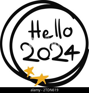 Hello 2024 illustrazione vettoriale con lettere disegnate a mano Illustrazione Vettoriale