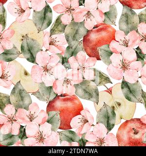 Modello senza cuciture con rami di mele e frutta in fiore. Sfondo ad acquerello floreale. Perfetto per modelli di design, carta da parati, involucro, tessuto Foto Stock