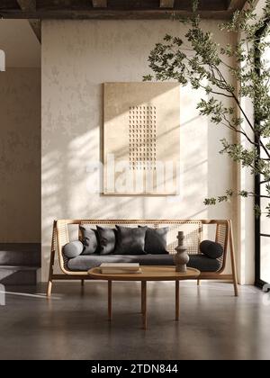 Elegante e moderno spazio abitativo della metà del secolo con un esclusivo divano in legno e opere d'arte astratte in un ambiente minimalista. rendering 3d. Foto Stock