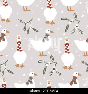 Motivo invernale senza cuciture con graziose oche in una calda sciarpa. Immagine vettoriale di buon Natale Illustrazione Vettoriale