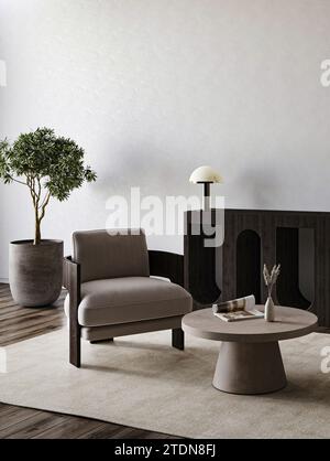 Ingresso elegante e minimalista con una classica console in legno e esclusive luci a sospensione che diffondono una calda luce in una casa moderna. rendering 3d. Foto Stock