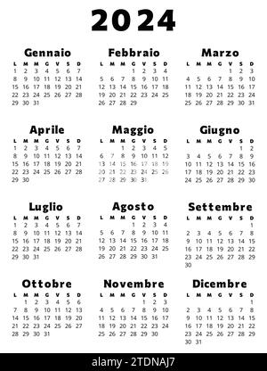 Calendario ITALIANO per il 2024 in nero. Illustrazione vettoriale stampabile e modificabile per l'Italia. calendario annuale di 12 mesi. Verticale Illustrazione Vettoriale