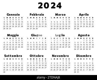 Calendario ITALIANO per il 2024 in nero. Illustrazione vettoriale stampabile e modificabile per l'Italia. calendario annuale di 12 mesi Illustrazione Vettoriale