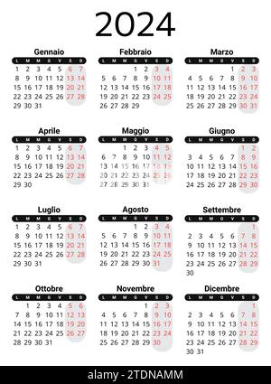 Calendario ITALIANO per il 2024. Illustrazione vettoriale stampabile e modificabile per l'Italia. calendario annuale di 12 mesi Illustrazione Vettoriale