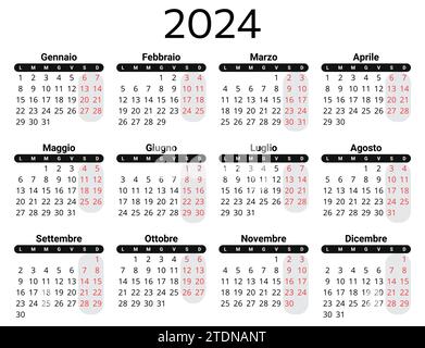 Calendario ITALIANO per il 2024. Illustrazione vettoriale stampabile e modificabile per l'Italia. calendario annuale di 12 mesi Illustrazione Vettoriale