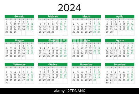 Calendario ITALIANO per il 2024. Illustrazione vettoriale stampabile e modificabile per l'Italia. calendario annuale di 12 mesi Illustrazione Vettoriale