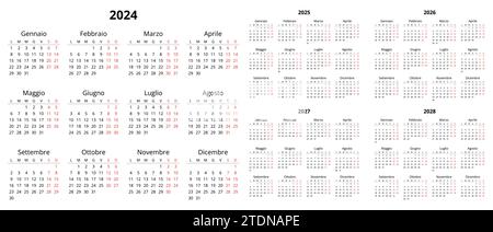 2024, 2025, 2026, 2027, 2028 calendari italiani. Set di illustrazioni vettoriali stampabili per l'Italia. Pianifica il tuo anno con lo stile del calendario Illustrazione Vettoriale