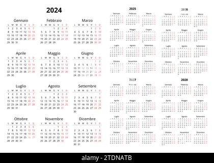 2024, 2025, 2026, 2027, 2028 calendari italiani. Set di illustrazioni vettoriali stampabili per l'Italia. Pianifica il tuo anno con lo stile del calendario Illustrazione Vettoriale