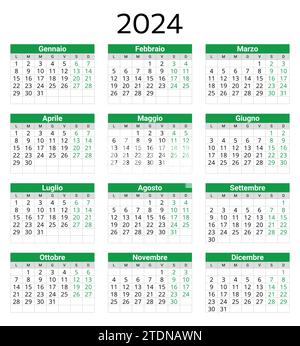Calendario ITALIANO per il 2024. Illustrazione vettoriale stampabile e modificabile per l'Italia. Verticale, di colore verde. calendario annuale di 12 mesi Illustrazione Vettoriale