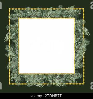 Cornice quadrata ad acquerello con rami di conifere e ghirlanda dorata con perline lucide, albero di Natale, disegno disegnato a mano, rami di abete, pino su verde Foto Stock