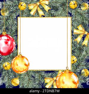 Cornice quadrata acquerello con albero di Natale con palle lucide, arco e ghirlanda di perle dorate, decorazione natalizia, schizzo di verde disegnato a mano Foto Stock