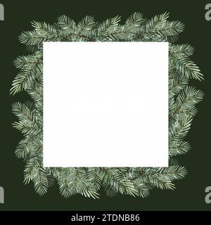 Cornice quadrata ad acquerello con rami di conifere, albero di Natale, disegno a mano di rami di abete verde, rami di pino naturale su sfondo verde, na Foto Stock