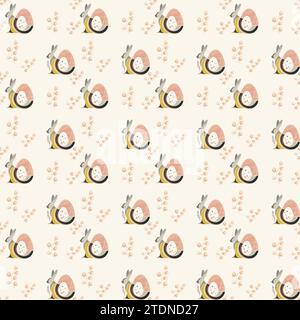 Modello coniglietto orientale, motivo di sfondo pesca illustrazione per bambini, motivi tessili e topografici. Uova colorate e stampe di coniglietti Foto Stock