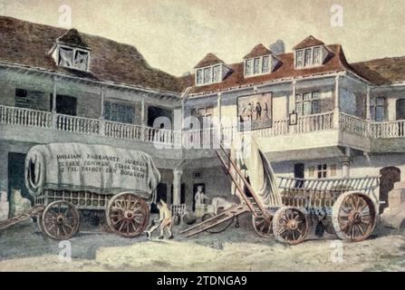 Tabard Inn, Southwark, 1810 dal libro London Vanished and Vanishing di Norman, Philip, 1842-1931 pubblicato nel 1905 a Londra da Adam & Charles Black Philip e Norman FSA (9 luglio 1842 – 17 maggio 1931) è stato un artista, autore e antiquario britannico. Foto Stock