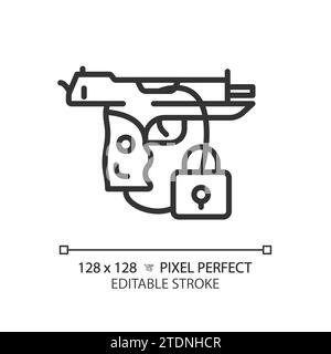 Icona di sicurezza con Perfect Black Gun pixel a linea sottile 2D. Illustrazione Vettoriale