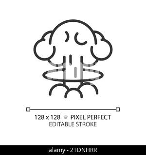 Icona di esplosione nucleare nera Perfect pixel a linee sottili 2D. Illustrazione Vettoriale