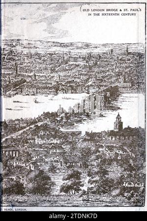 Old London Bridge e St Paul's in the XVI secolo ' London ' di Geraldine Edith Mitton, dalla serie ' Peeps at Great Cities' pubblicata nel 1911 da Adam & Charles Black, Londra Foto Stock
